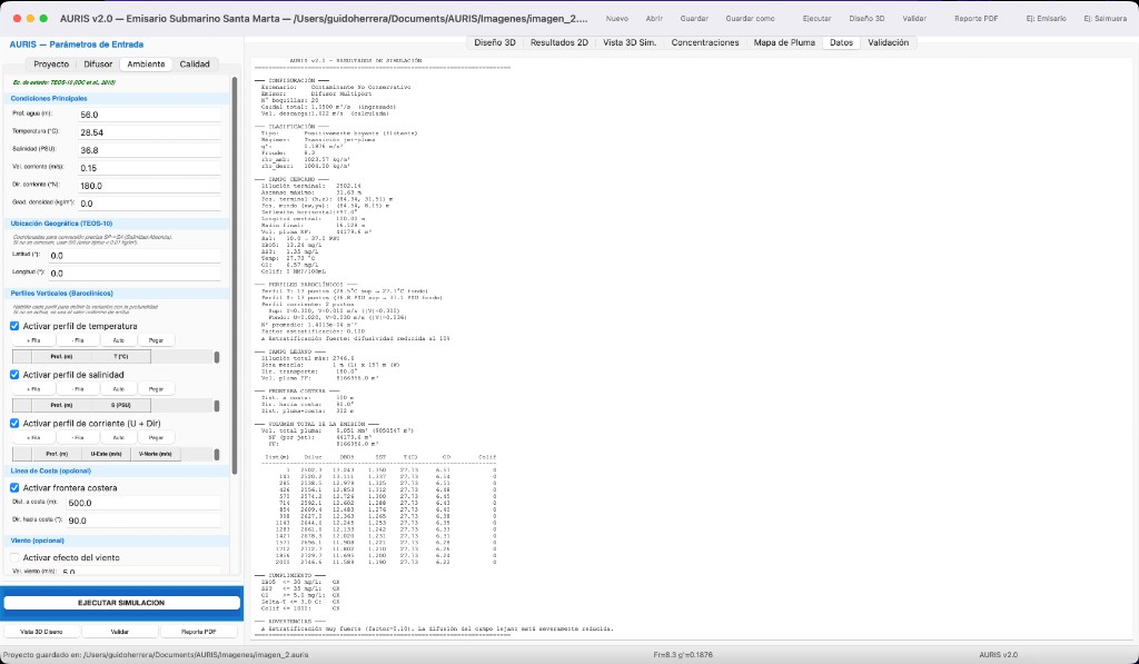 AURIS - Resultados numéricos y datos de simulación del emisario